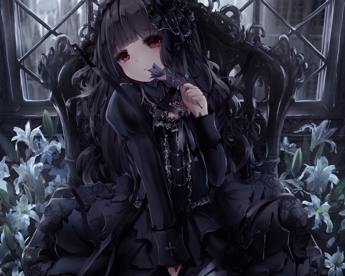 Gothic anime girl with red eyes sitting by a window