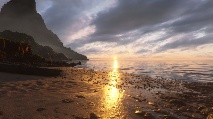 Plague Tale Requiem Sunset Beach with Rocky Cliffs