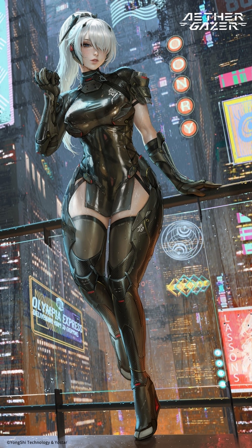 Aether Gazer character in a futuristic city at night