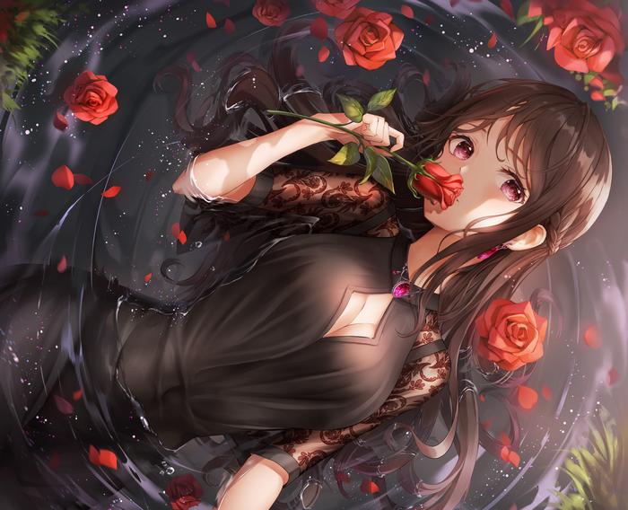 4K anime girl in black dress with roses in water