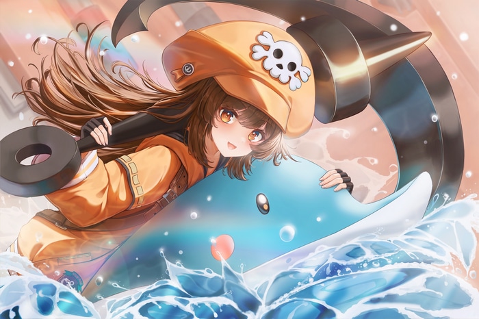 Girl with anchor and dolphin in water