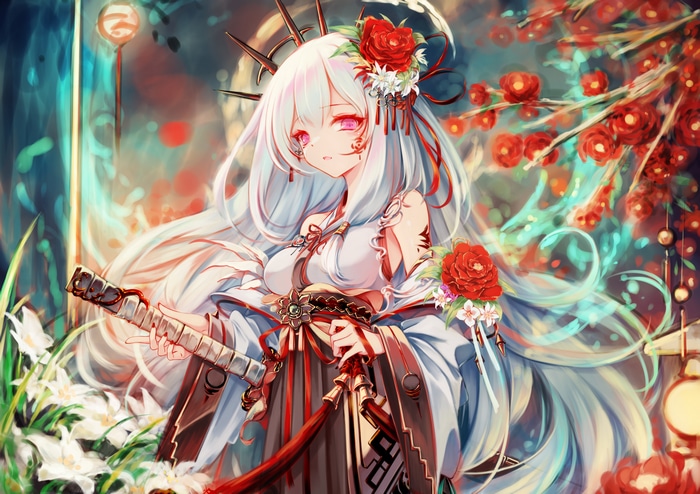 Anime girl with sword and flowers