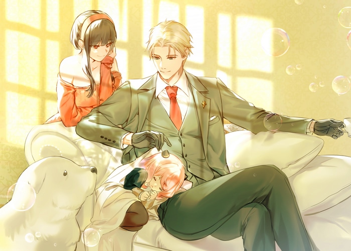 Spy x Family: Yor, Loid, Anya, and Bond on a couch
