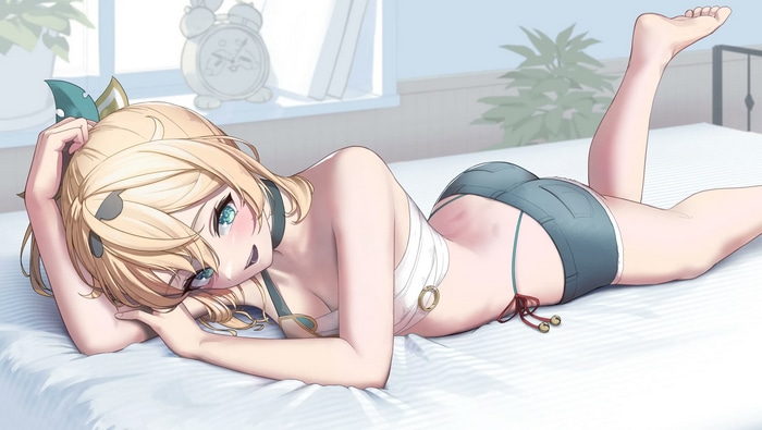 Kazama Iroha lying on a bed with short shorts