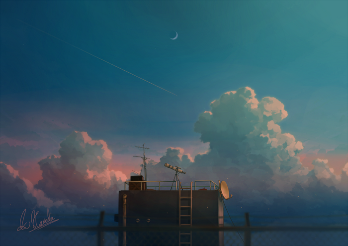 Artwork of a rooftop with clouds and a crescent moon