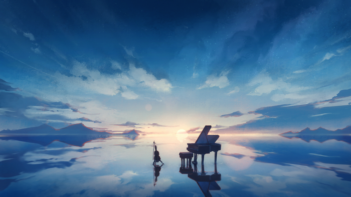 Piano and cello on a reflective surface under a cloudy sky