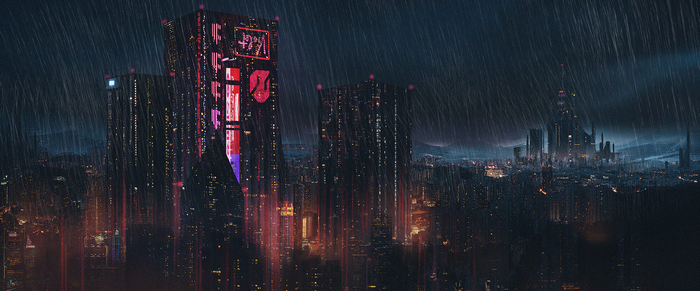 Rainy futuristic city with neon lights