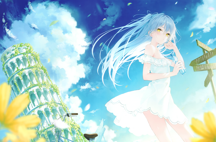 4K anime girl with blue hair at Leaning Tower of Pisa