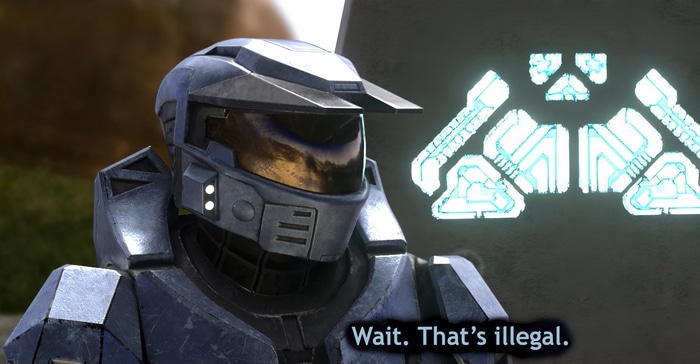 Red vs. Blue character with text overlay