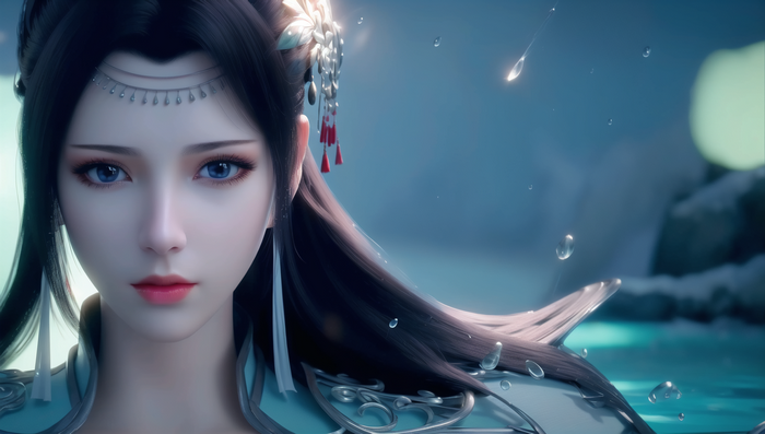 Asian woman with blue eyes and black hair in water