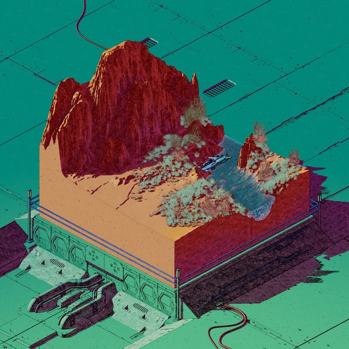Futuristic cross-section landscape with a mountain and river