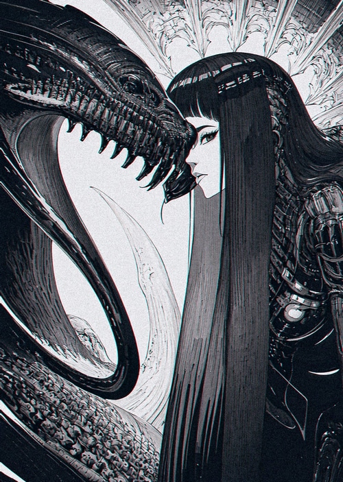 Monochrome portrait of a woman and a xenomorph creature