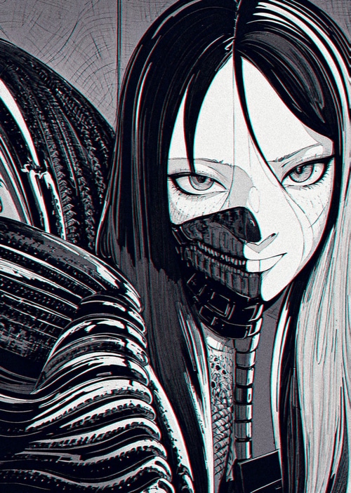 Xenotrip monochrome portrait of a masked figure