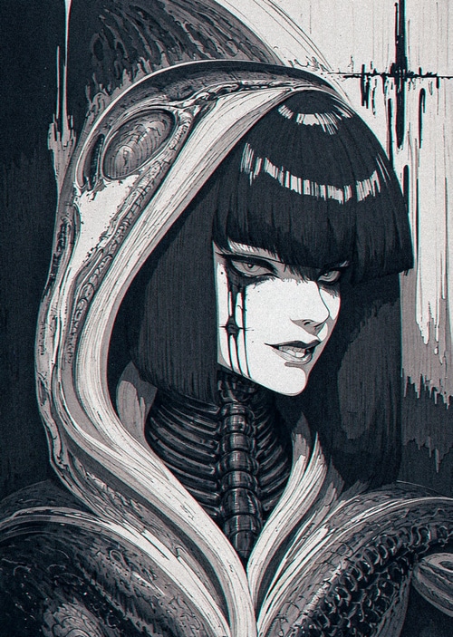 Monochrome portrait of a character with a skeletal hood