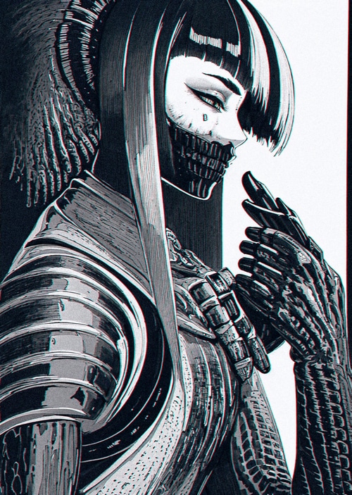 Monochrome portrait of a woman with long hair and cybernetic enhancements
