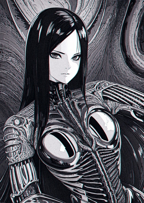 Monochrome artwork of a cyborg woman