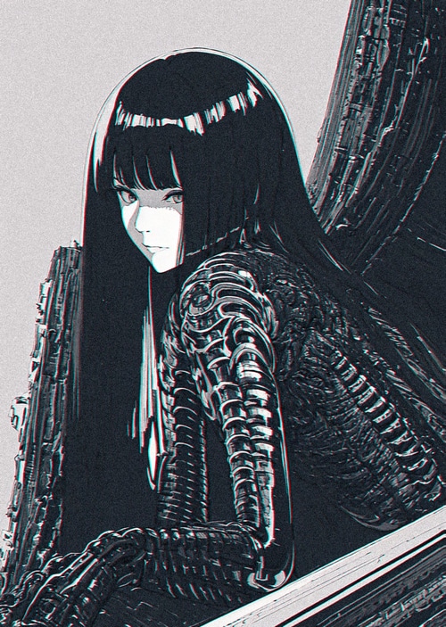 Monochrome portrait of a woman with black hair