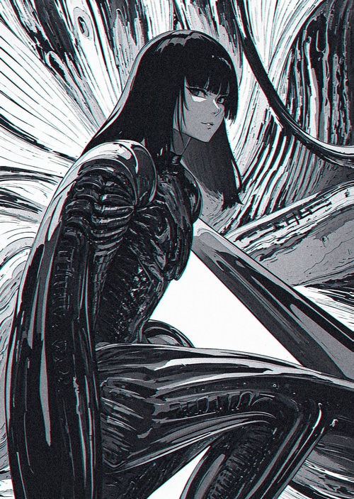 Monochrome artwork of a woman with black hair