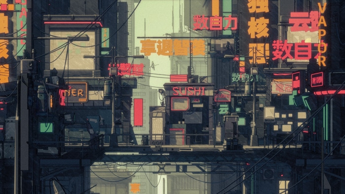 Cyberpunk city with Japanese signs and neon lights