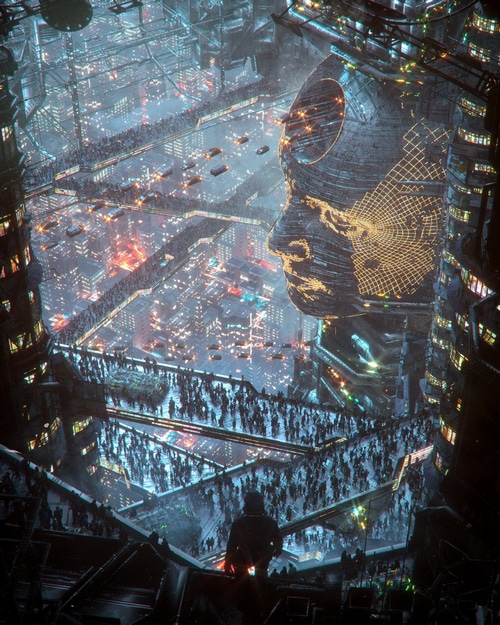 Cyberpunk Cityscape with Giant Face Sculpture by Annibale Siconolfi