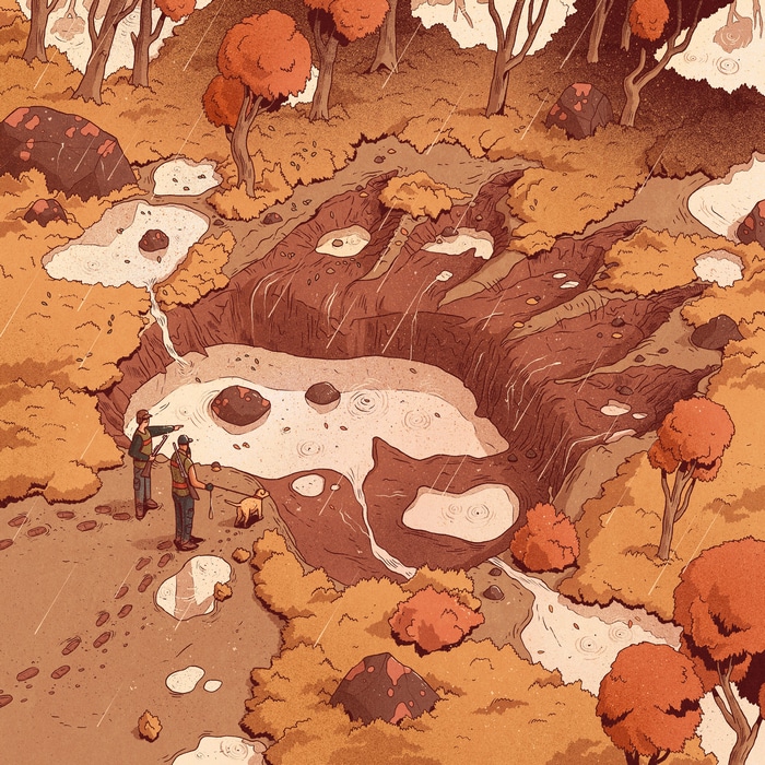Two people and a dog in a rainy forest