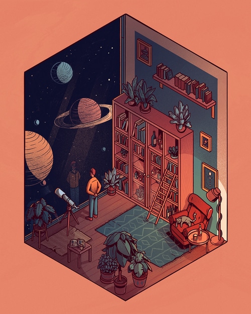 Isometric room with space view and bookshelf