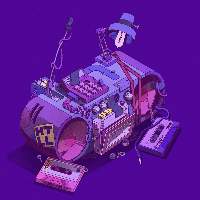 Retro boombox with cassette tapes and calculator