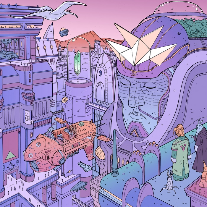 Fantasy City with Giant Alien and Flying Cars