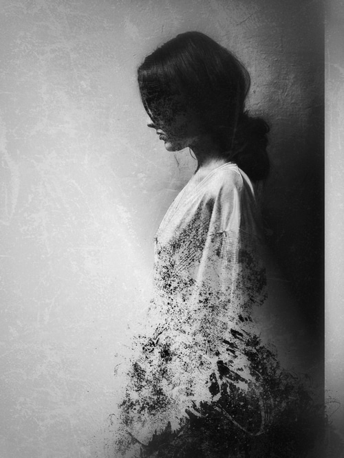 Monochrome digital art of a woman in a dress