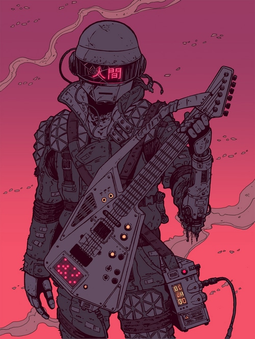 Cyberpunk robot with a futuristic guitar