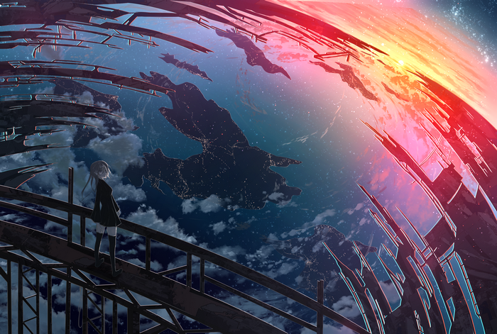 Girl on a platform overlooking a futuristic planet at sunset