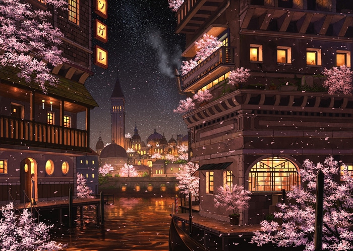 Anime city canal at night with cherry blossoms