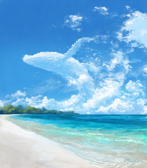 Whale cloud over a tropical beach and ocean