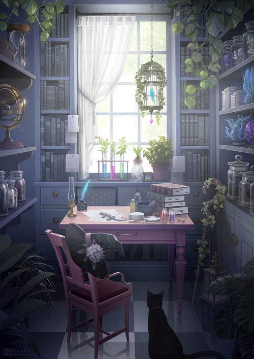 A witch's study with a cat and a bird