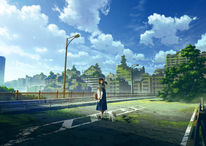 Girl and dog on a bridge in a ruined city