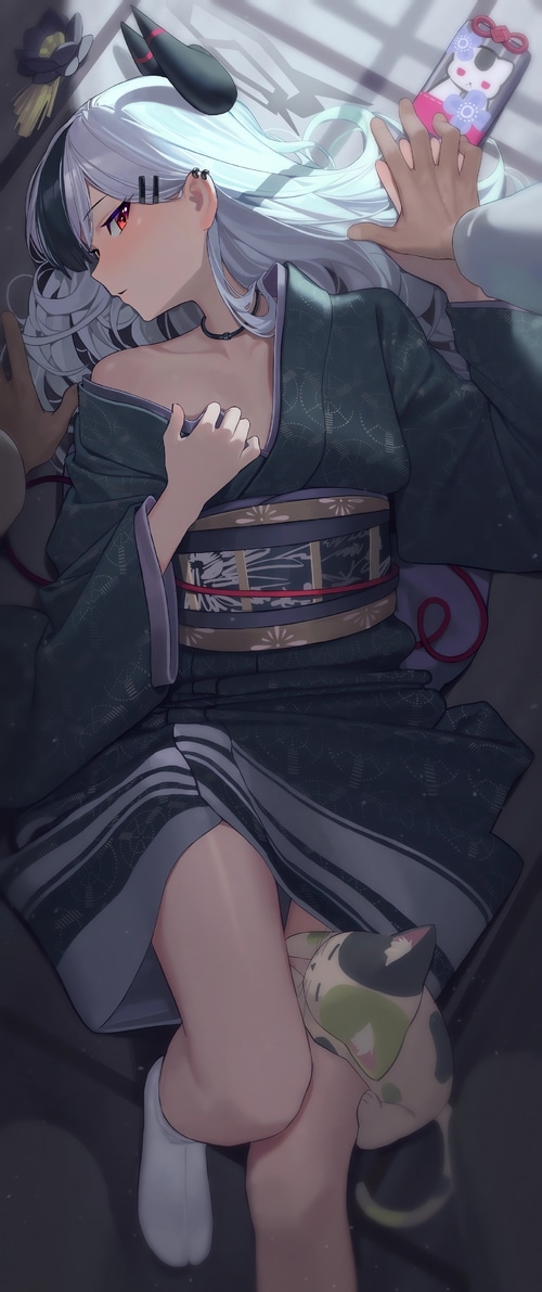 Blue Archive girl in kimono with cat and phone