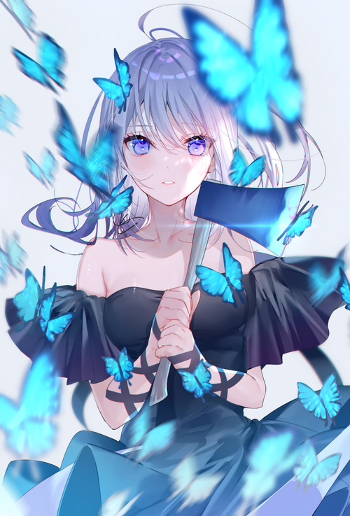 Girl with blue butterflies and an axe