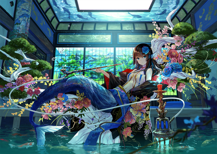 Mermaid with flowers and fish in a water room