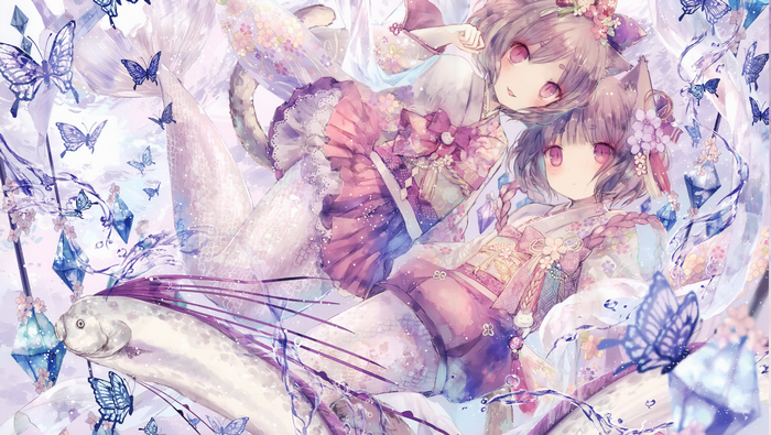 Cat girls in kimonos with butterflies and fish