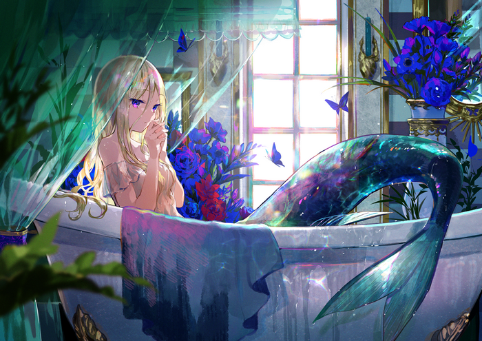 Mermaid in a bathtub with flowers and butterflies