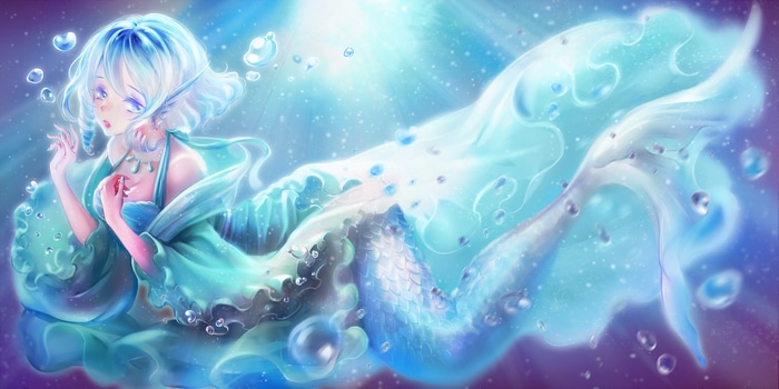 Mermaid with blue hair and tail underwater with bubbles