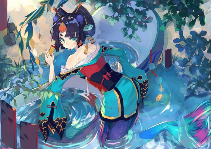 Mermaid with a tail in water and leaves