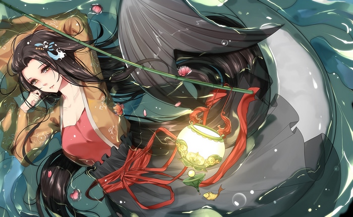 Mermaid with Lantern and Fish in Water