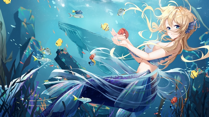 Mermaid with whale and fish underwater
