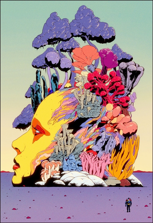 Abstract face with colorful mushrooms by Maciek Wolanski