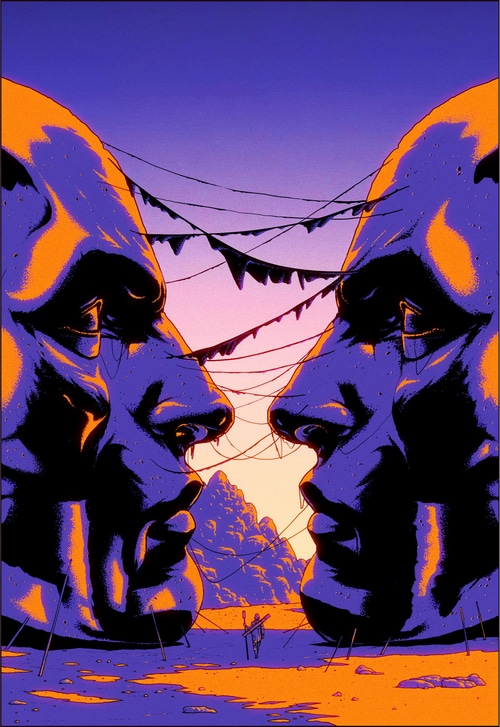 Two giant faces in a surreal landscape