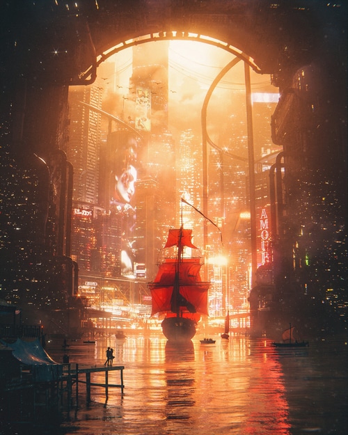 Cyberpunk city with a red-sailed ship at sunset