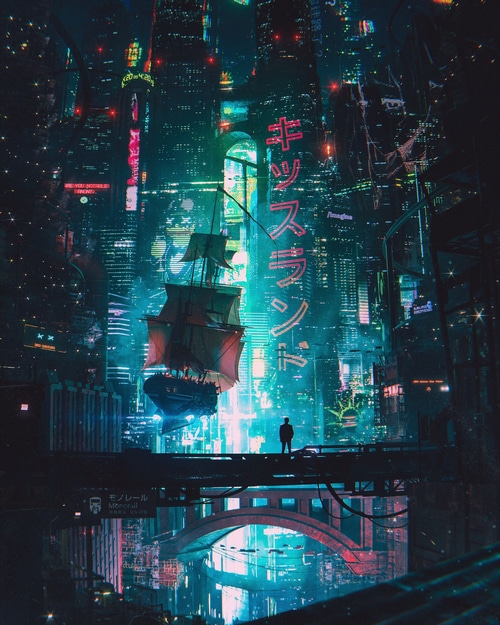 Cyberpunk city with a ship and a lone figure