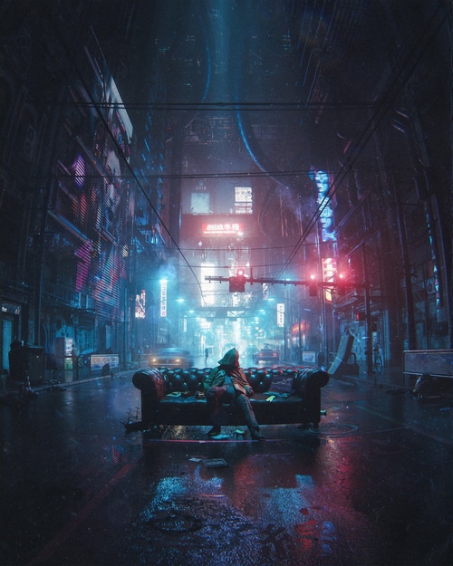 Cyberpunk city street with a person on a couch