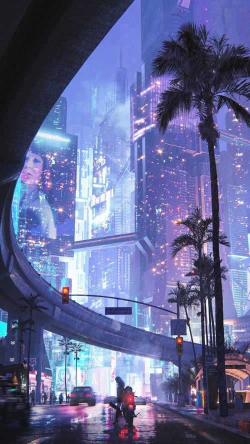Cyberpunk city street at night with palm trees and neon lights